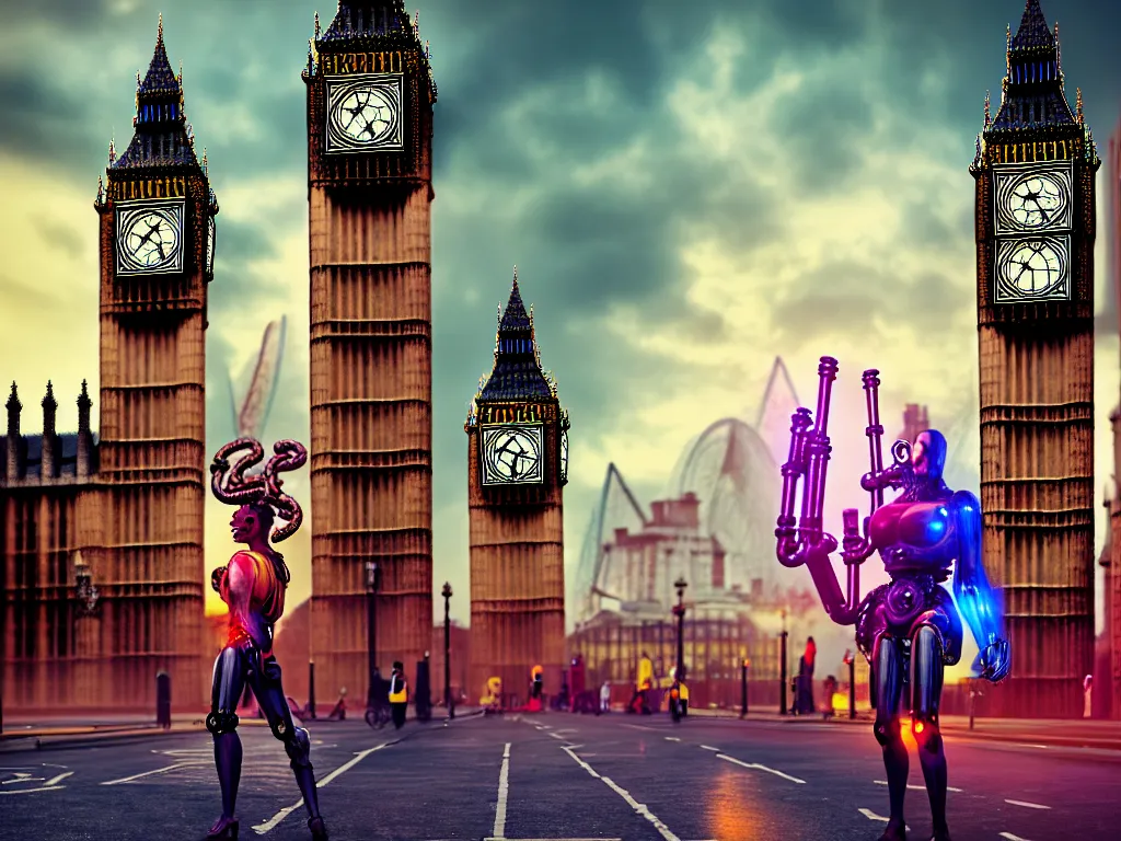 Prompt: a giant ancient beautiful cyborg of the elder gods with pipes and tubes in the city of London, an image of a beautiful cyborg, a beautiful cyborg, a cyborg, London streets with one bigben in the background, colourful, dramatic lighting, spring time, very detailed octane render very realistic beautiful