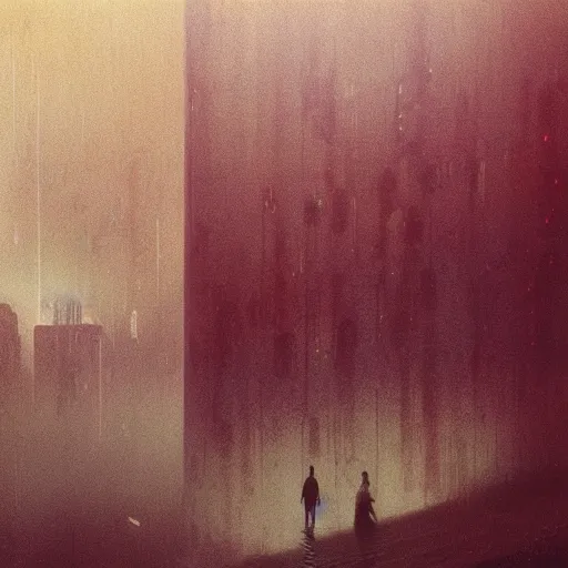 Image similar to movie shot from blade runner, cyberpunk, journey across the urban district | neverland and the gateway between dreams by beksinski, ultra hd rendered