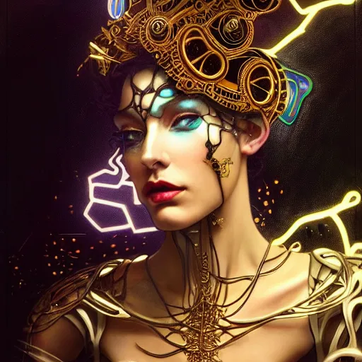 Prompt: extremely psychedelic beautiful cyborg queen of lsd infected by night. intricate, elegant, highly detailed, extremely lifelike photorealistic digital painting, artstation. steichen, gaston bussiere, tom bagshaw, cyberpunk alphonse mucha. elegant minimalism. anatomically correct. sultry rage. sharp focus. gold and black, white accents. lifelike