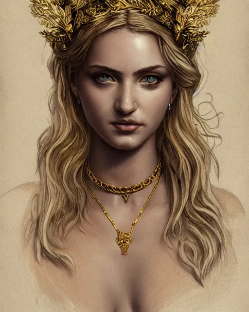 Image similar to front view of beautiful aphrodite greek goddess wearing a gold laurel wreath and triangle earrings, realism tattoo sketch, beautiful piercing eyes with sharp pupils, beautiful blonde hair, in the style of greg rutkowski, fantasy, amazing detail, epic, elegant, smooth, sharp focus