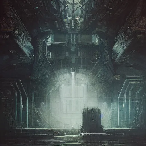 Image similar to lost and alone in a vast future sci - fi cyberpunk brutalist megastructure temple by gustave dore and gustave moreau and beksinski and giger and craig mullins and jeremy mann