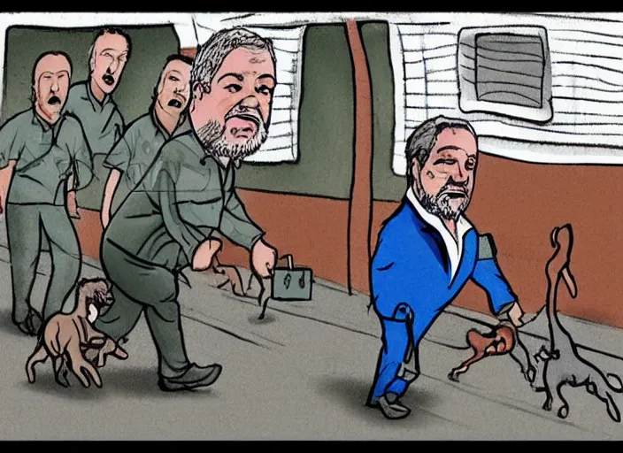 Prompt: Luis Inácio Lula da Silva with prison clothes, running scared from dogs, cartoon drawing