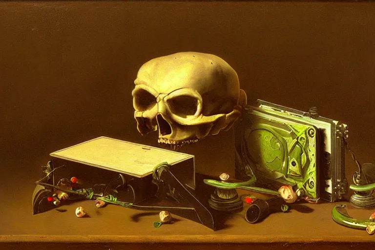 Image similar to a vanitas painting depicting an NVIDIA RTX A100 GPU, graphics card