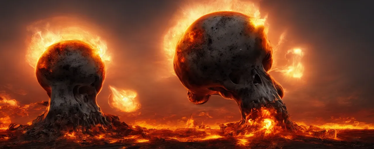 Image similar to extreme nuclear explosion with a mushroom cloud in the shape of a giant skull, destructive shockwave, in a European city, atmospheric, trending on artstation, 4K, subsurface scattering, global illumination, raytracing, cinematic lighting, UHD, HDR