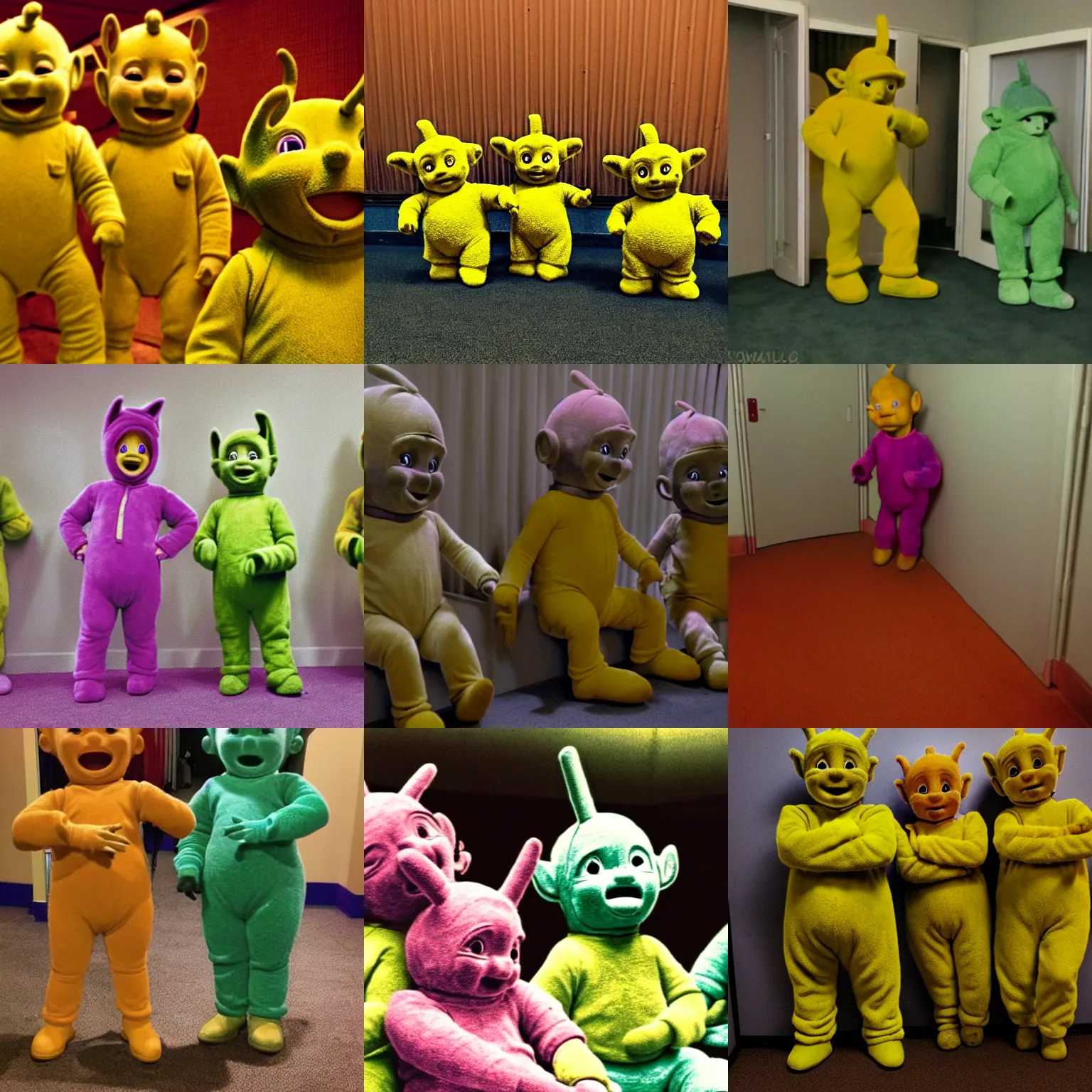 Prompt: ultra realistic worn out teletubbies lost in the backrooms, low key