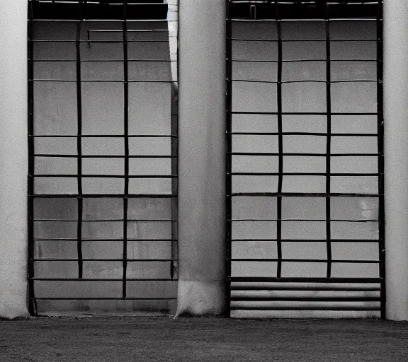 Prompt: Joachim Brohm photo of 'a muscled einstein laughing behind jail bars', high contrast, high exposure photo, monochrome, DLSR