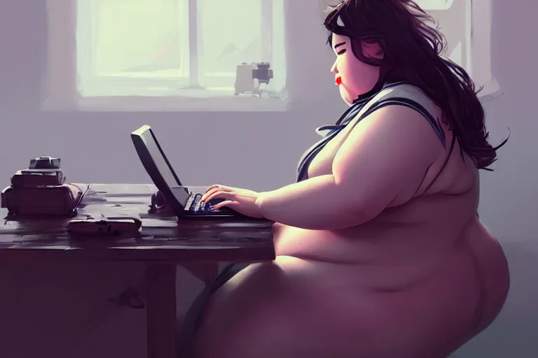 Image similar to obese feminist typing a tweet, battlefield, highly detailed, photoreal, sharp focus, illustration, gross, colorful, trending on artstation, cinematic, artwork by wlop