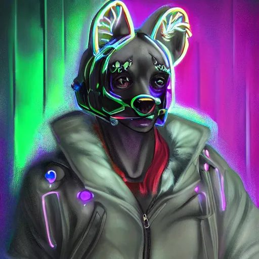 Image similar to digital painting of anthromorphic hyena female, fursona, furry fandom, neon rainy cyberpunk setting, anthro, wearing cyberpunk leather jacket, detailed face,