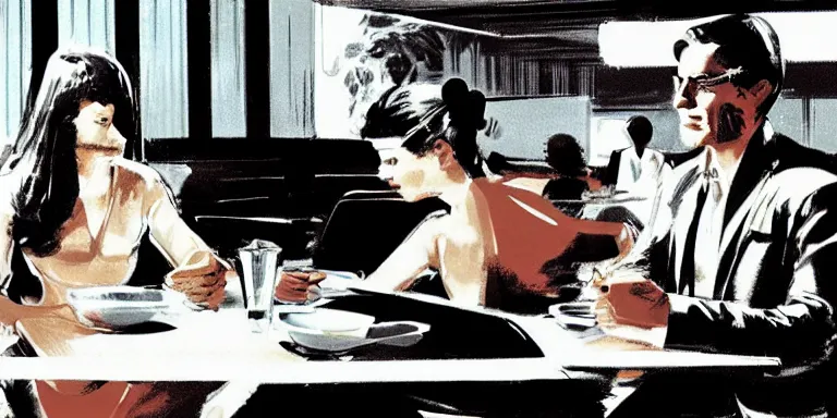 Image similar to a man and a girl seated face to face, having coffe in an empty diner, storyboard panel by syd mead, large shot, frontal view, grayscale pantone