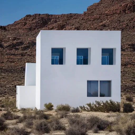 Prompt: enormous white building with small windows in the middle of the desert