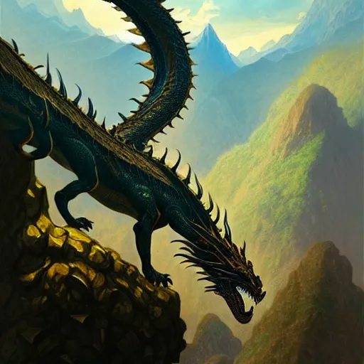 Prompt: illustration of a dragon watching the world underneath, mountains, d & d, fantasy, intricate, elegant, highly detailed, digital painting, artstation, concept art, smooth, sharp focus, illustration, art by artgerm and greg rutkowski and alphonse mucha