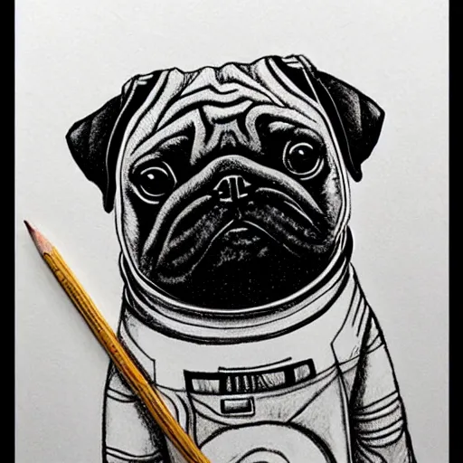 Image similar to pencil art, golden - ratio, spirals, highly detailed, astronaut pug in outer space by davinci.