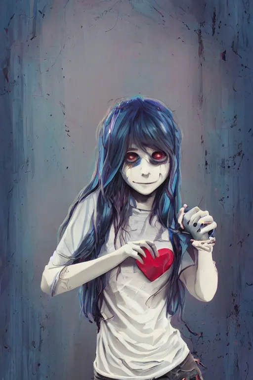 Prompt: urban school zombie girl in tattered clothes with a heart in her hand fanart, dark blue long hair, muted colors, matte print, pastel colors, ornate, digital art, cute smile, digital painting, fan art, elegant, pixiv, by Ilya Kuvshinov, by Studio Ghibli