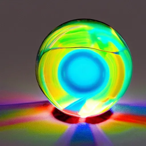 Prompt: a colored glass ball with with light caustics on the floor