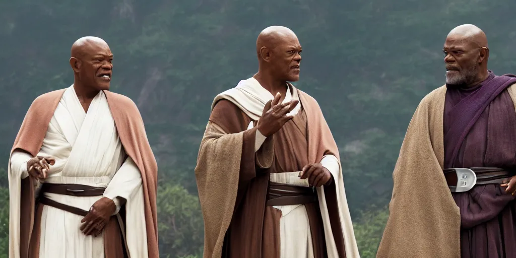 Prompt: obi - wan kenobi disney plus show, played by ewan mcgregor and old mace windu played by samuel l jackson, greet eachother, old friends, accurate ultra realistic faces, 4 k, movie still, uhd, sharp, detailed, cinematic, render, modern