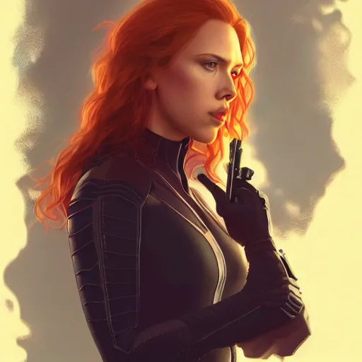 Image similar to Scarlett Johansson as the Black Widow, intricate, highly detailed, digital painting, artstation, concept art, sharp focus, illustration, art by greg rutkowski and alphonse mucha