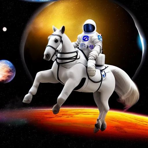 Prompt: horse wearing a space suit floating in outer space, highly detailed, stars in the background, nasa picture, 4 k, octane render, highly realistic photograph