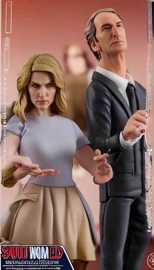 Prompt: hot toys figurine of kim wexler and saul goodman, realistic, up close image, 1 / 1 6 th scale, unopened, listing image, hd