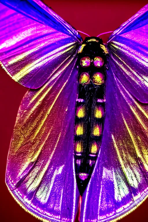 Image similar to high quality close-up photo iridescent moth! jeweled gorgeous! highly detailed david ligare elson peter cinematic purple neon lighting high quality low angle hd 8k sharp shallow depth of field