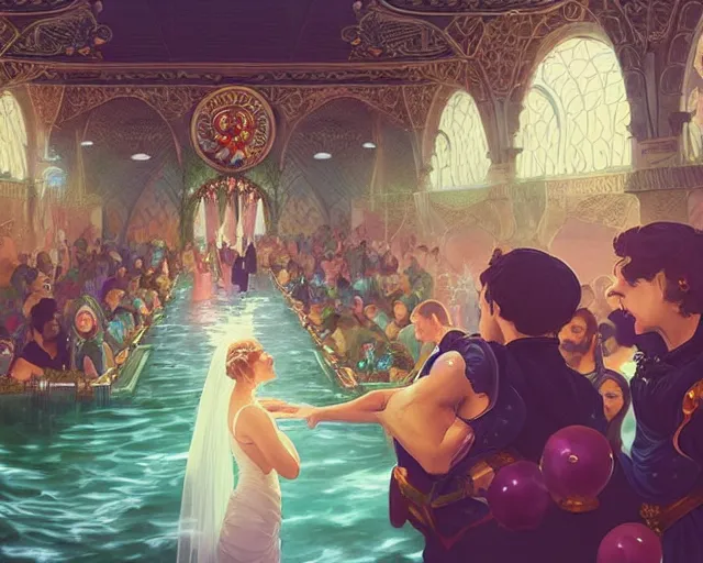 Image similar to a wedding in a swimming pool, photography of kurzgesagt, deep focus, d & d, fantasy, intricate, elegant, highly detailed, digital painting, artstation, concept art, matte, sharp focus, illustration, hearthstone, art by artgerm and greg rutkowski and alphonse mucha