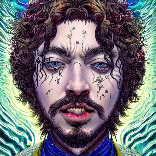 Prompt: portrait closeup of crazy post malone, symmetrical, by yoichi hatakenaka, masamune shirow, josan gonzales and dan mumford, ayami kojima, takato yamamoto, barclay shaw, karol bak, yukito kishiro