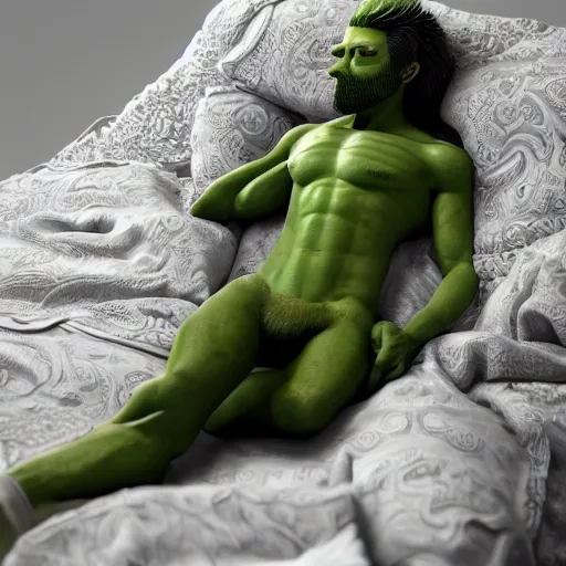 Prompt: chad alpha avocado man going to sleep in a comfy bed intricate detail, finely detailed, small details, extra detail, photorealistic, high resolution, vray, hdr, hyper detailed, insane details, intricate, elite, ornate, elegant, luxury, dramatic lighting, octane render, weta digital, micro details, 3 d sculpture