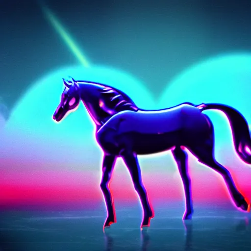 Image similar to A synthwave horse inspired by Tron. Trending on Artstation. Digital screenshot. Faded film grain. 1980s Computer Graphics.