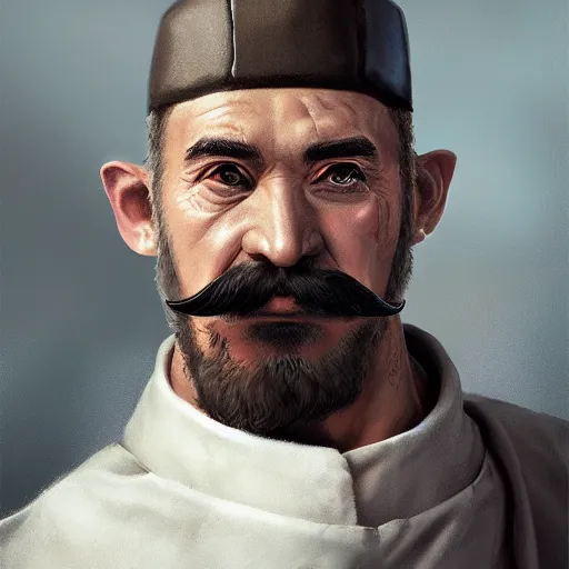 Image similar to portrait old chef barbarian warrior with trucker mustache and short hair, 8 k, trending on art station, by tooth wu and greg rutkowski