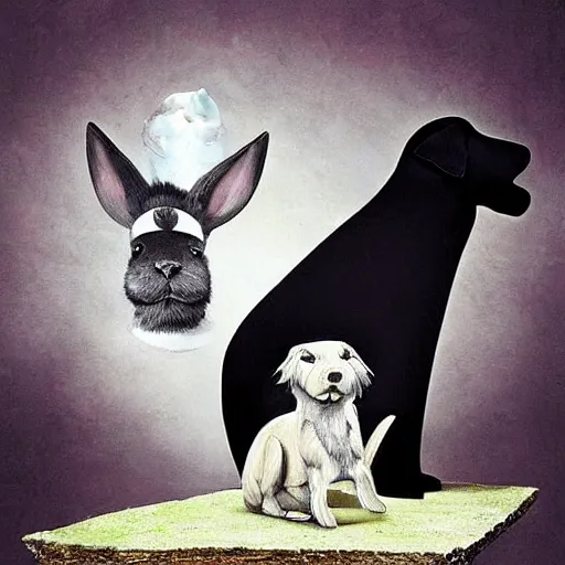 Image similar to A beautiful conceptual art of a large black dog with teeth bared, looming over a small white rabbit. The rabbit looks terrified, and the dog seems ready to attack. felt pieces by Jeannette Guichard-Bunel manmade