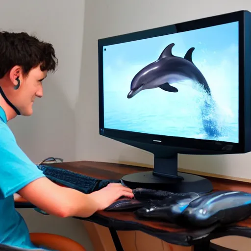 Image similar to A dolphin Twitch streaming playing video games on a computer