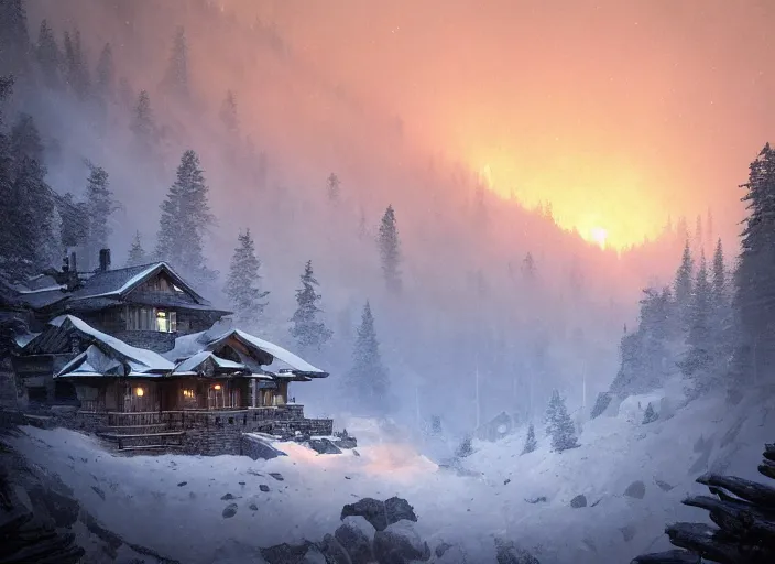 Image similar to mountain chalet covered in fire, smoke, sunrise, snow, sharp details, sharp focus, elegant, highly detailed, illustration, by Jordan Grimmer and greg rutkowski and PiNe(パイネ) and 薯子Imoko and 香川悠作 and wlop and maya takamura, intricate, beautiful, Trending artstation, pixiv, digital Art