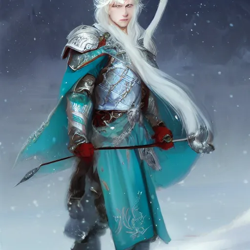 Image similar to half length portrait of a handsome male snow elf in a turquoise cape and silver ornate armour as an archer, archer portrait, magical tundra background, albino skin, by wenjun lin, krenz cushart, trending on artstation, award - winning