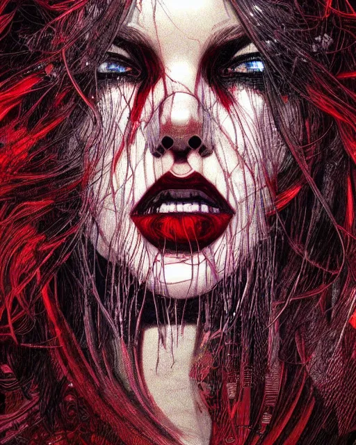 Image similar to glitch art close up portrait intense vampire, flowing hair, glitches, highly detailed, very intricate, graphical errors, art deco, glitch, chromatic aberration, harsh lighting, award - winning, unreal engine 5, illustration by mandy jurgens and alphonse mucha and yoji shinkawa, black and red only!!!, featured on artstation