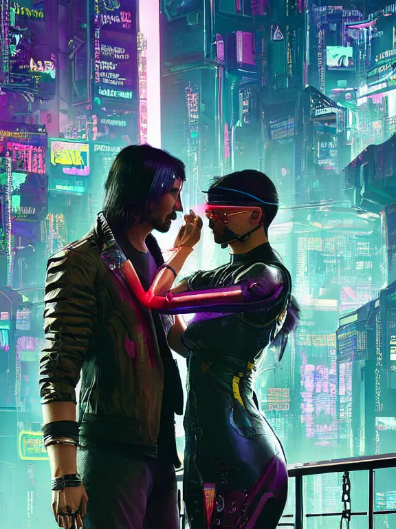 Image similar to a cyberpunk 2077 couple portrait of Keanu Reeves and V began a love story used lots of electric cable connected to giant computer,film lighting,by laurie greasley,Lawrence Alma-Tadema,William Morris,Dan Mumford,trending on atrstation,FAN ART,full of color,Digital painting,face enhance,highly detailed,8K, octane,golden ratio,cinematic lighting