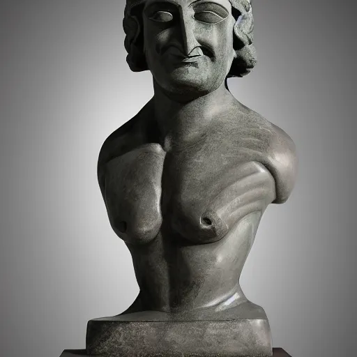 Prompt: long shot photo of a soapstone Art Deco statue of ancient greek religion god Hades wearing a tunic, sculped by Paul Landowski,Jean Dupas, Tamara de Lempicka, Reginald Marsh, Rockwell Kent, and Diego Rivera,long shot,wide shot,low angle,Sigma 85 mm f/1.4,very detailed,unreal-engine,city in the background