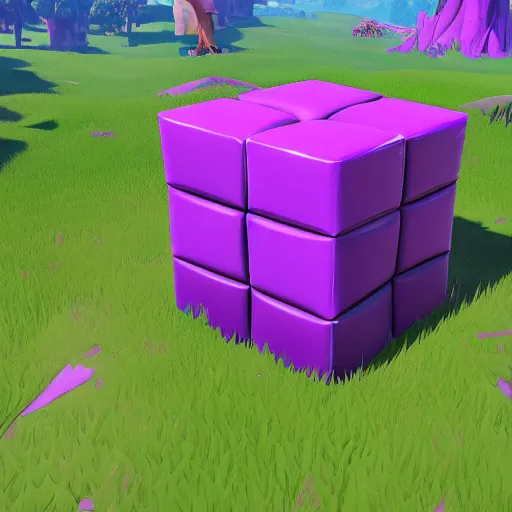 Prompt: giant purple cube from fortnite
