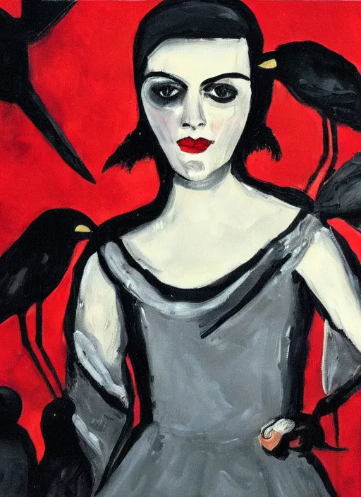 Prompt: a painting of AnnaSophia Robb, frozen cold stare, blood red background and transparent gray dress, crows as a symbol of death, in style of Chaim Soutine and Edward Hopper