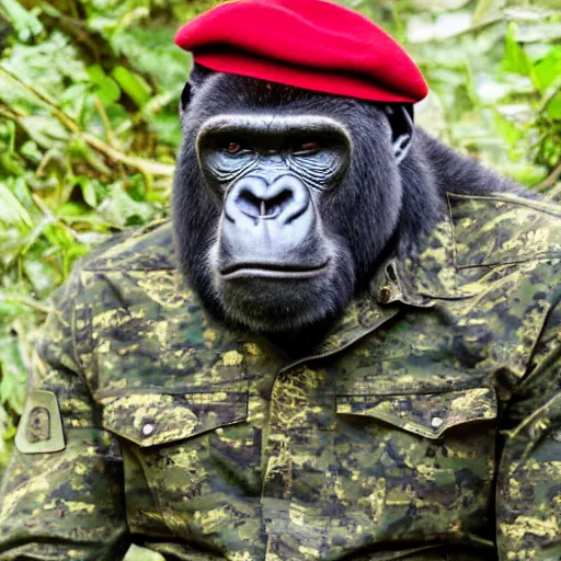 Prompt: professional portrait of a gorilla wearing a camouflage military blouse and a red beret in a jungle, 8k, cinematic,