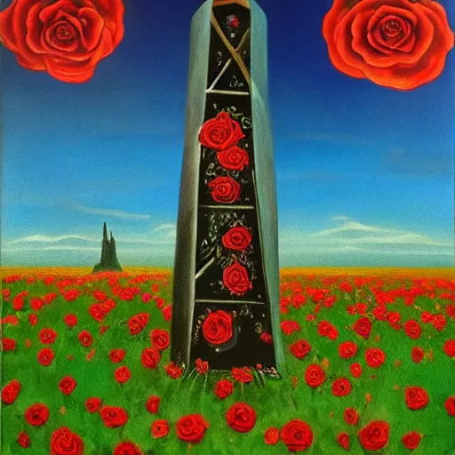 Prompt: the dark tower in a field of roses, surrealism, cosmic western, masterpiece oil painting,