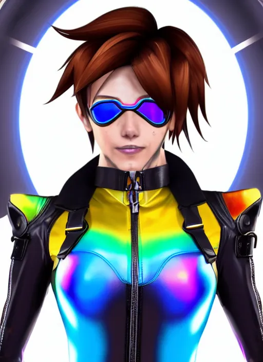 Image similar to portrait bust digital artwork of tracer overwatch, wearing iridescent rainbow latex and leather straps catsuit outfit, 4 k, expressive happy smug expression, makeup, in style of mark arian, angel wings, wearing detailed leather collar, chains, black leather harness, detailed face and eyes,