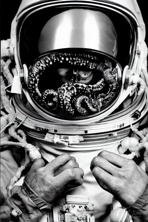 Prompt: extremely detailed studio portrait of space astronaut, alien tentacle protruding from eyes and mouth, slimy tentacle breaking through helmet visor, shattered visor, full body, soft light, disturbing, shocking realization, hyper detailed, award winning photo by letizia battaglia