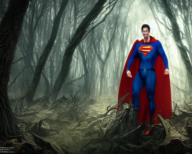 Prompt: 5 5 mm portrait photo of a demonic undead superman in a magical forest. magical atmosphere. art by greg rutkowski and luis royo. highly detailed 8 k. intricate. lifelike. soft light. nikon d 8 5 0.