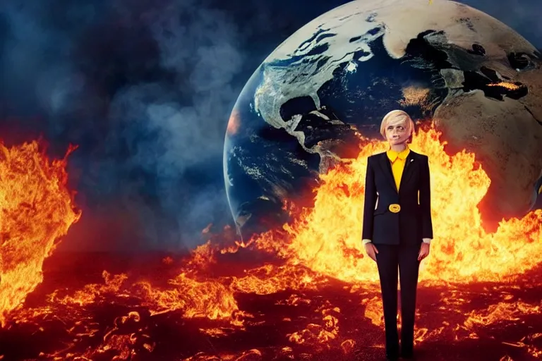 Prompt: a moody photograph of a confident caucasian woman in her 6 0's with short blonde hair wearing a tailored yellow suit standing against a backdrop of the planet earth engulfed in flames. photograph by annie leibowitz, cinematic lighting, sci fi, futuristic