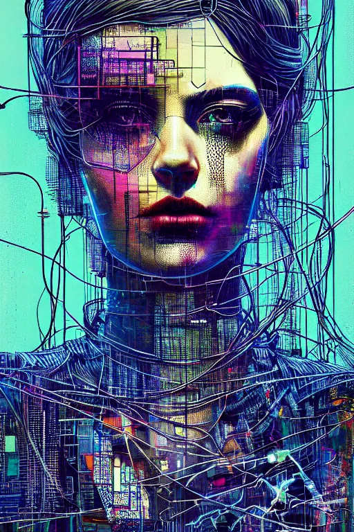 Prompt: dreamy cyberpunk girl, abstract wire clothes, digital nodes, beautiful woman, detailed acrylic, grunge, intricate complexity, by dan mumford and by alberto giacometti, peter lindbergh, zac retz