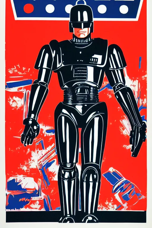 Prompt: RoboCop silkscreen poster by Andy Warhol