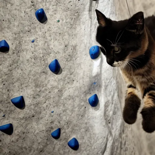 Prompt: photo of a cat rock climbing in a rock climbing gym