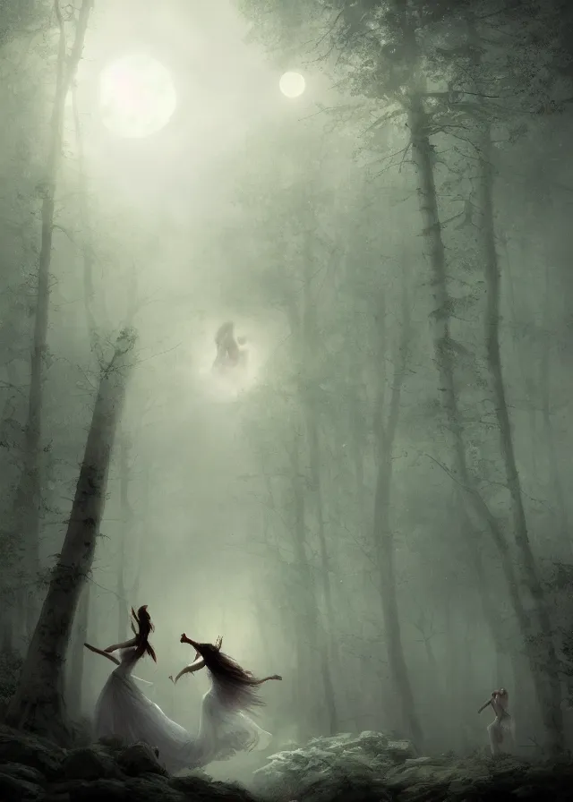 Prompt: dancers in white lit only by the moon, contemporary dance in the forbidden forest, the twilight dance of the fae by aleksi briclot, greg rutkowski and ivan aivazovsky, contemporary dance, volumetric, solstice, atmospheric, watercolor, surrealist, artstation,