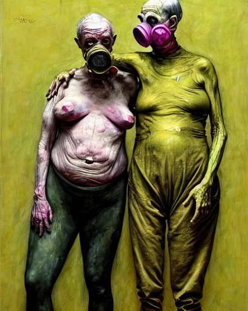 Prompt: two skinny lumpy old people wearing gas masks, cinematic, dystopian, eerie, horror, gothic, draped in gold, green and pink, highly detailed hyper surreal painting by !!!Jenny Saville!!!, Esao Andrews, Francis Bacon, Edward Hopper, surrealism, art by Takato Yamamoto and James Jean