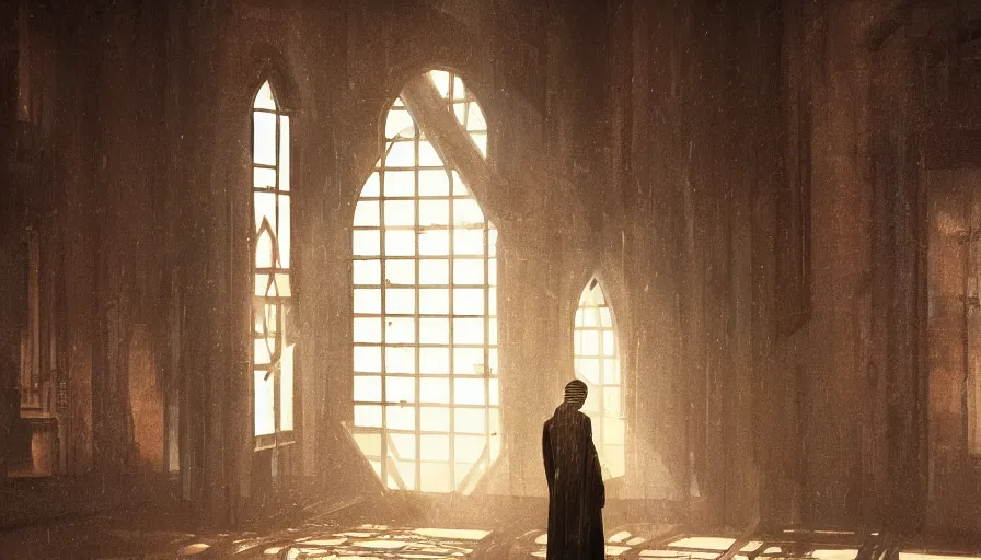 Prompt: portrait of broken humanoid metal robot praying in empty church, sunshine through window, bladerunner, digital illustration, artstation, cinematic composition