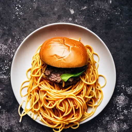 Image similar to A burger of spaghetti